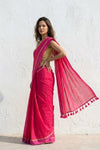 Mulmuli ~ Pure Handwoven Mul Cotton saree in Delight Pink with Rani Pink Border - verymuchindian.com