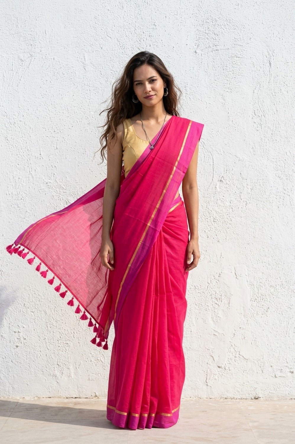 Mulmuli ~ Pure Handwoven Mul Cotton saree in Delight Pink with Rani Pink Border - verymuchindian.com