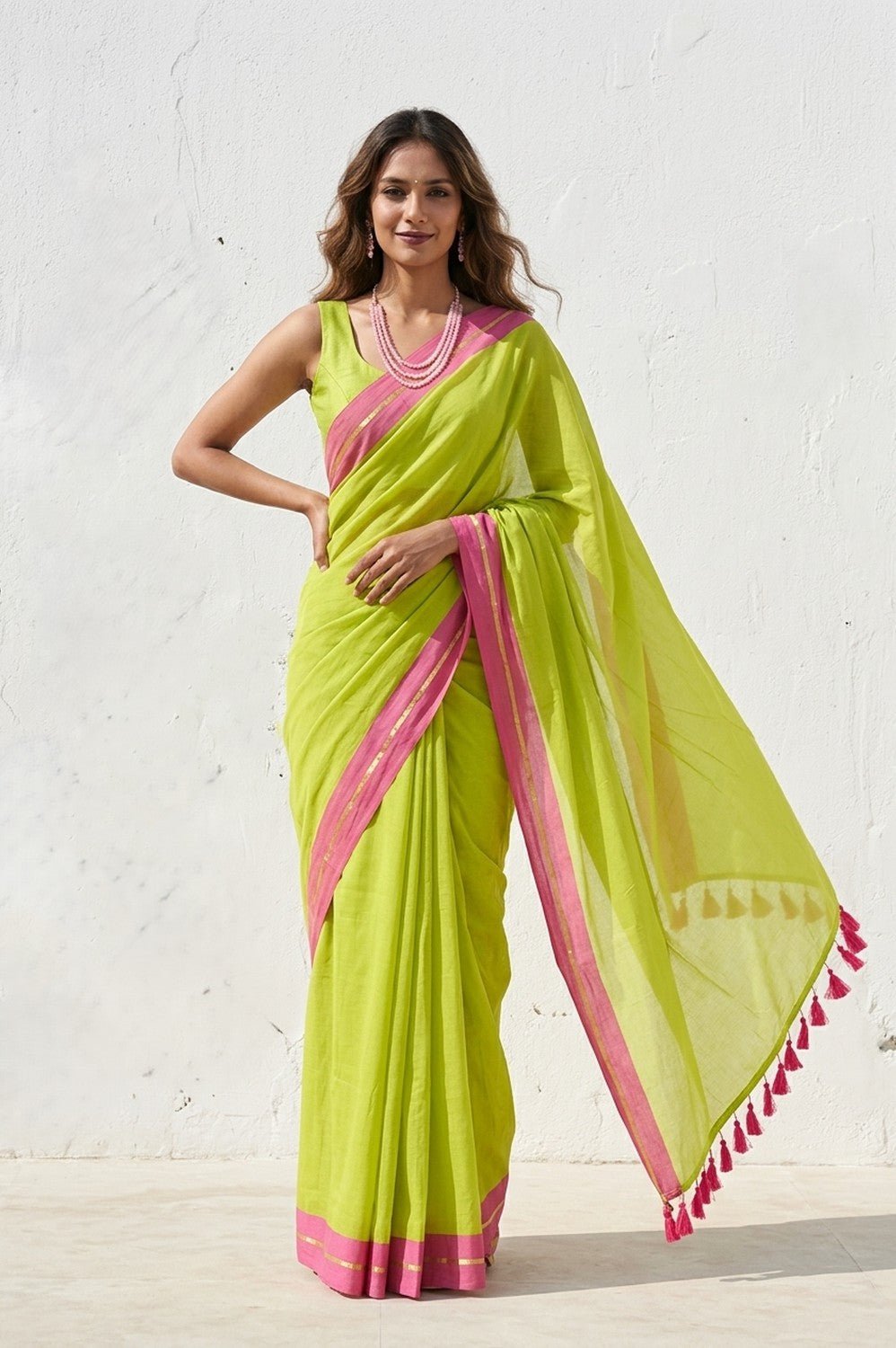 Mulmuli ~ Pure Handwoven Mul Cotton Saree in Fresh Lime Green - verymuchindian.com