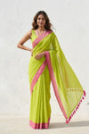 Mulmuli ~ Pure Handwoven Mul Cotton Saree in Fresh Lime Green - verymuchindian.com