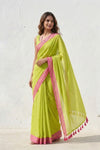 Mulmuli ~ Pure Handwoven Mul Cotton Saree in Fresh Lime Green - verymuchindian.com