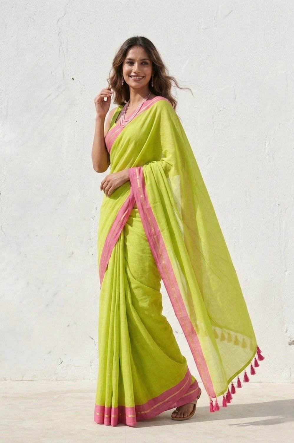 Mulmuli ~ Pure Handwoven Mul Cotton Saree in Fresh Lime Green - verymuchindian.com