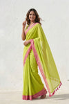 Mulmuli ~ Pure Handwoven Mul Cotton Saree in Fresh Lime Green - verymuchindian.com
