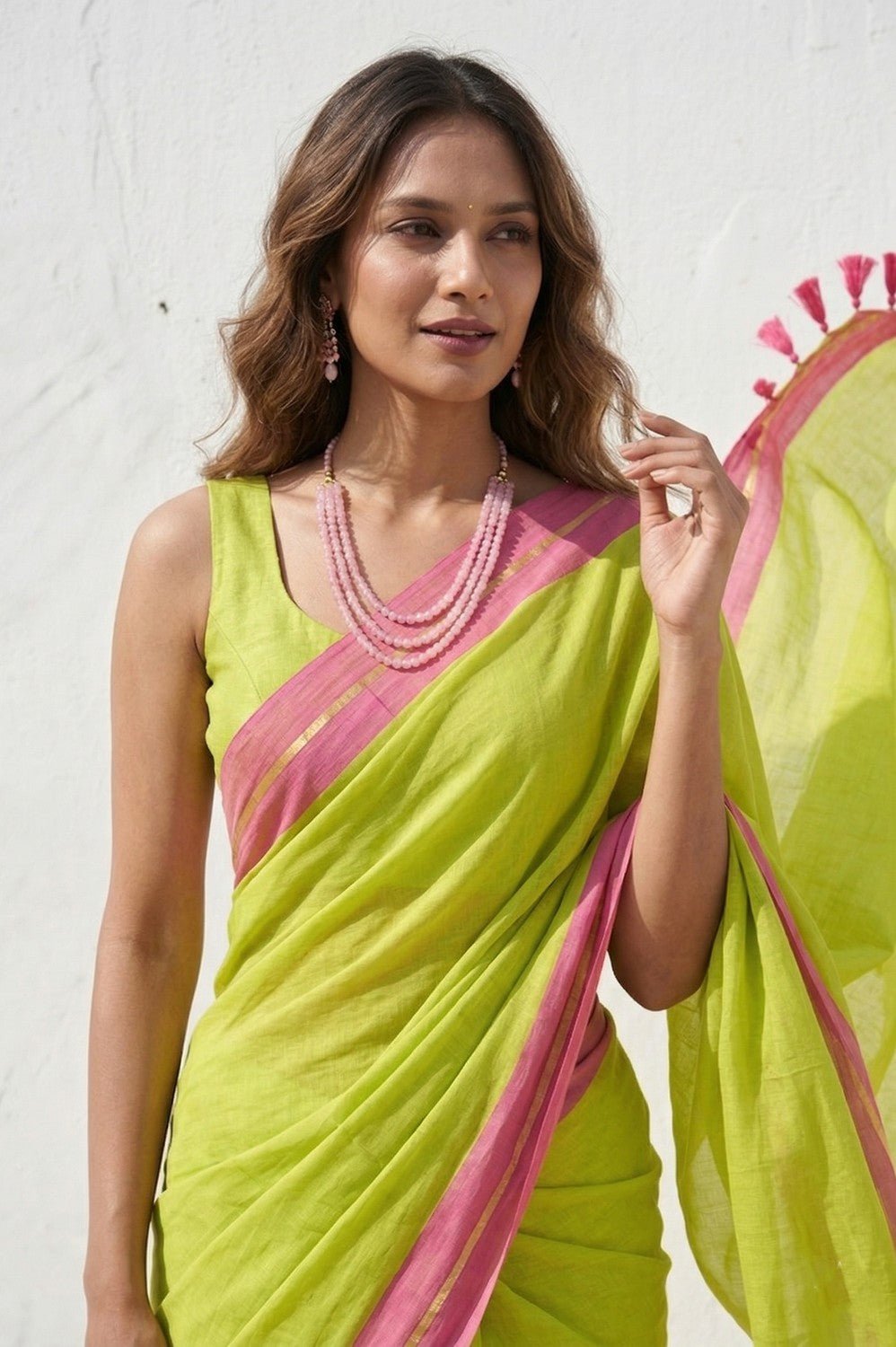 Mulmuli ~ Pure Handwoven Mul Cotton Saree in Fresh Lime Green - verymuchindian.com