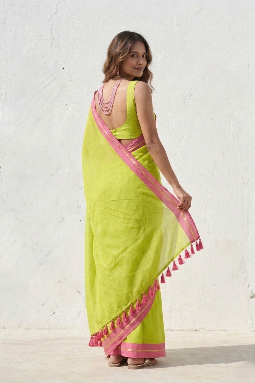Mulmuli ~ Pure Handwoven Mul Cotton Saree in Fresh Lime Green - verymuchindian.com