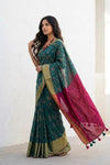 Mulmuli ~ Pure Handwoven Mul Cotton Saree in Green and Maroon - verymuchindian.com