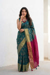 Mulmuli ~ Pure Handwoven Mul Cotton Saree in Green and Maroon - verymuchindian.com