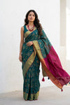 Mulmuli ~ Pure Handwoven Mul Cotton Saree in Green and Maroon - verymuchindian.com
