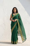 Mulmuli ~ Pure Handwoven Mul Cotton saree in Green with Golden Border - verymuchindian.com