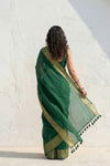 Mulmuli ~ Pure Handwoven Mul Cotton saree in Green with Golden Border - verymuchindian.com