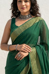 Mulmuli ~ Pure Handwoven Mul Cotton saree in Green with Golden Border - verymuchindian.com