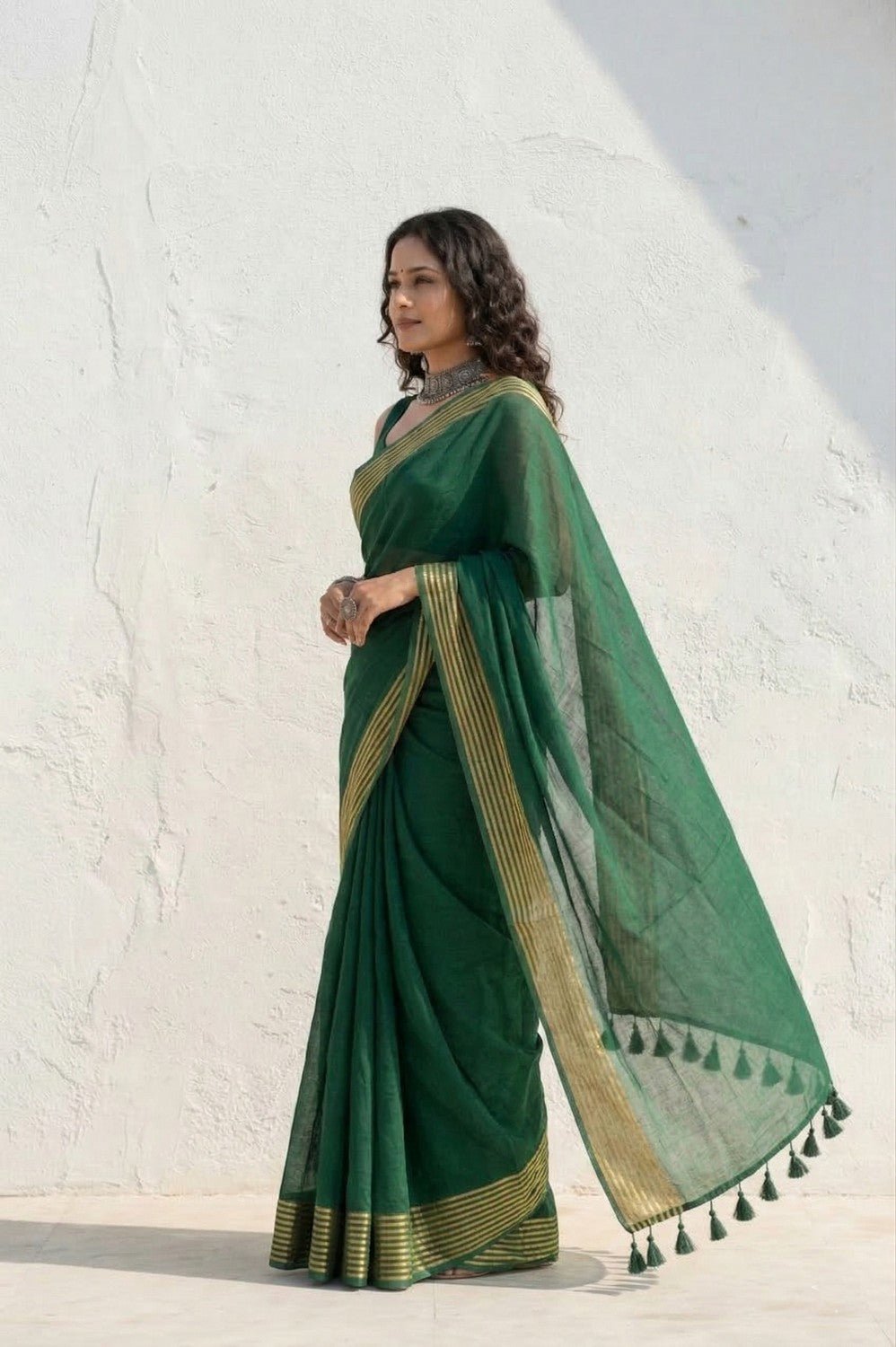 Mulmuli ~ Pure Handwoven Mul Cotton saree in Green with Golden Border - verymuchindian.com