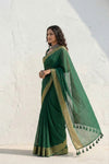 Mulmuli ~ Pure Handwoven Mul Cotton saree in Green with Golden Border - verymuchindian.com