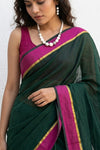 Mulmuli ~ Pure Handwoven Mul Cotton saree in Green with Pink Border - verymuchindian.com