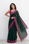 Mulmuli ~ Pure Handwoven Mul Cotton saree in Green with Pink Border - verymuchindian.com