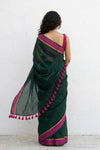 Mulmuli ~ Pure Handwoven Mul Cotton saree in Green with Pink Border - verymuchindian.com