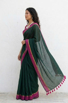 Mulmuli ~ Pure Handwoven Mul Cotton saree in Green with Pink Border - verymuchindian.com