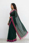 Mulmuli ~ Pure Handwoven Mul Cotton saree in Green with Pink Border - verymuchindian.com