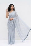 Mulmuli ~ Pure Handwoven Mul Cotton Saree In Grey with Sequins - verymuchindian.com