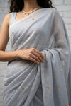 Mulmuli ~ Pure Handwoven Mul Cotton Saree In Grey with Sequins - verymuchindian.com