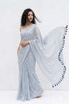Mulmuli ~ Pure Handwoven Mul Cotton Saree In Grey with Sequins - verymuchindian.com