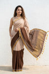 Mulmuli ~ Pure Handwoven Mul Cotton Saree in Half and Half Brown and Beige - verymuchindian.com