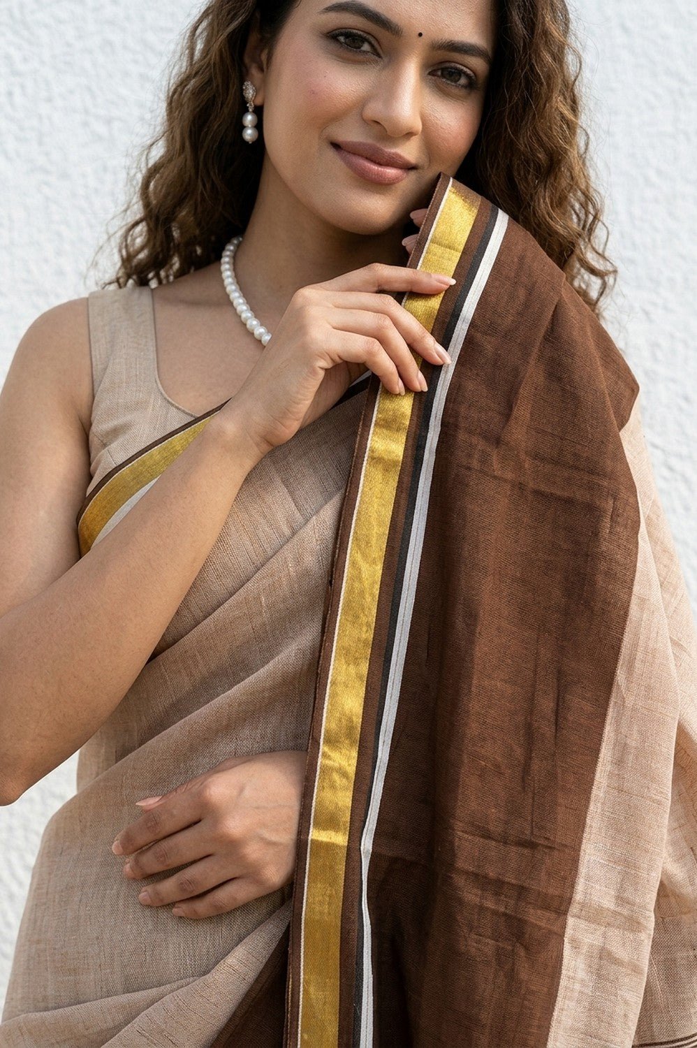 Mulmuli ~ Pure Handwoven Mul Cotton Saree in Half and Half Brown and Beige - verymuchindian.com