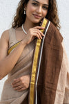 Mulmuli ~ Pure Handwoven Mul Cotton Saree in Half and Half Brown and Beige - verymuchindian.com