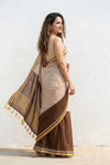Mulmuli ~ Pure Handwoven Mul Cotton Saree in Half and Half Brown and Beige - verymuchindian.com