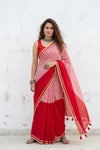Mulmuli ~ Pure Handwoven Mul Cotton Saree In Half and Half in Red and Peach - verymuchindian.com