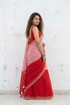 Mulmuli ~ Pure Handwoven Mul Cotton Saree In Half and Half in Red and Peach - verymuchindian.com