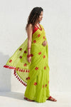 Mulmuli ~ Pure Handwoven Mul Cotton Saree In Lime Green - verymuchindian.com