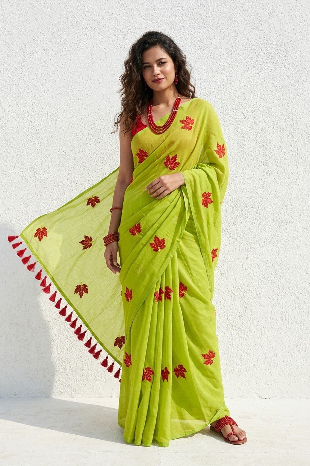 Mulmuli ~ Pure Handwoven Mul Cotton Saree In Lime Green - verymuchindian.com