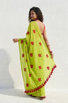Mulmuli ~ Pure Handwoven Mul Cotton Saree In Lime Green - verymuchindian.com