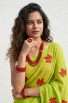 Mulmuli ~ Pure Handwoven Mul Cotton Saree In Lime Green - verymuchindian.com