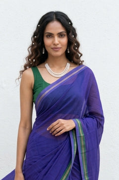 Mulmuli ~ Pure Handwoven Mul Cotton Saree in Marine Blue - verymuchindian.com