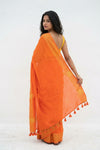 Mulmuli ~ Pure Handwoven Mul Cotton Saree in Orange with Golden Border - verymuchindian.com