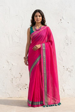 Mulmuli ~ Pure Handwoven Mul Cotton Saree in Pink - verymuchindian.com