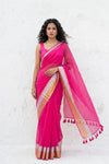 Mulmuli ~ Pure Handwoven Mul Cotton saree in Pink with Golden White Border - verymuchindian.com