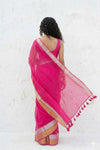 Mulmuli ~ Pure Handwoven Mul Cotton saree in Pink with Golden White Border - verymuchindian.com