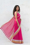 Mulmuli ~ Pure Handwoven Mul Cotton saree in Pink with Golden White Border - verymuchindian.com