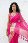 Mulmuli ~ Pure Handwoven Mul Cotton saree in Pink with Golden White Border - verymuchindian.com