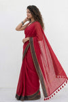 Mulmuli ~ Pure Handwoven Mul Cotton Saree in Red with Black Border - verymuchindian.com
