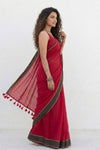 Mulmuli ~ Pure Handwoven Mul Cotton Saree in Red with Black Border - verymuchindian.com