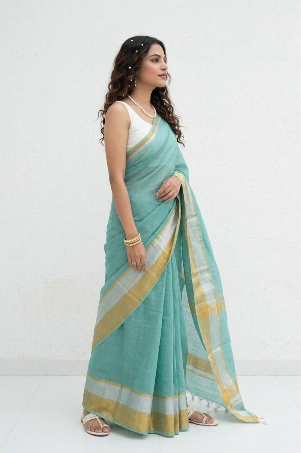 Mulmuli ~ Pure Handwoven Mul Cotton Saree in Sea Blue with Golden Border - verymuchindian.com