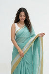 Mulmuli ~ Pure Handwoven Mul Cotton Saree in Sea Blue with Golden Border - verymuchindian.com