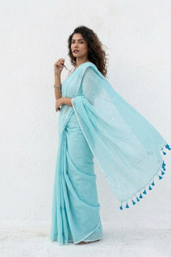 Mulmuli ~ Pure Handwoven Mul Cotton Saree in Sky Blue with Sequin - verymuchindian.com