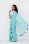 Mulmuli ~ Pure Handwoven Mul Cotton Saree in Sky Blue with Sequin - verymuchindian.com