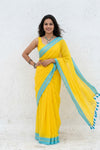 Mulmuli ~ Pure Handwoven Mul Cotton saree in Sunrise Yellow with Blue Border - verymuchindian.com