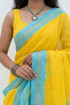 Mulmuli ~ Pure Handwoven Mul Cotton saree in Sunrise Yellow with Blue Border - verymuchindian.com